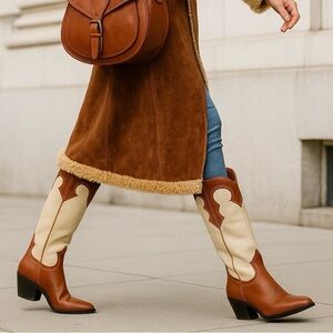 Vegan Two-Tone Brown & Cream Western Cowboy Boots – Size 6M – New with Box